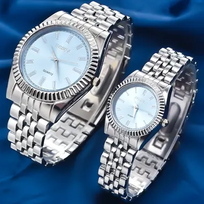 Men Women Steel Band Quartz Watch Light Blue Dial