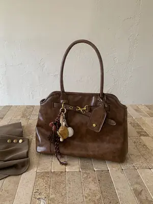 Brown Textured Women's Large Handbag with Gold Hardware