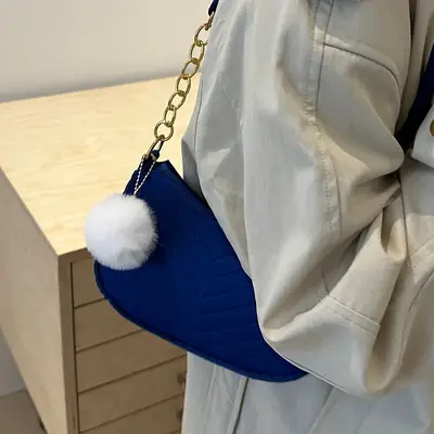 Women's Blue Felt Shoulder Bag with Pom Pom