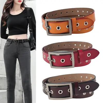 Women's European & American Punk Hollow Rivet Belt Real Cowhide