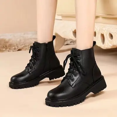 Women Black Fleece Heel Boots Thick Winter 2024
