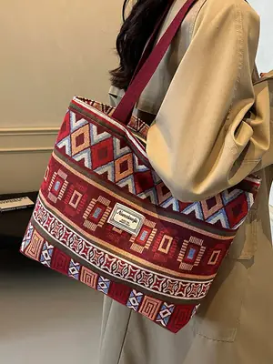 Women Retro Patterned Canvas Shoulder Crossbody Bag 2024