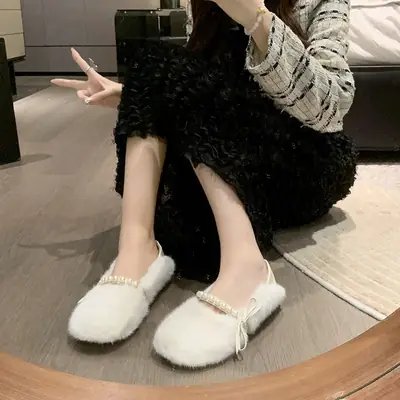 Women's Pearl Bow Slip-On Furry Shoes 2025