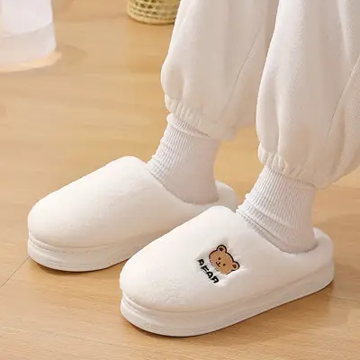 Cute Bear Cotton Slippers for Winter Household Indoor Unisex Non-Slip fleece-lined Thick-Bottom Warm Moon Wool Plush Slippers