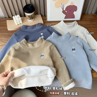 2024 Winter Boys Fleece T-Shirt Light Grey Cartoon Print