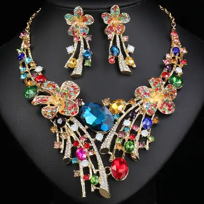 Ethnic Flower Necklace Earrings Set Bridal Jewelry