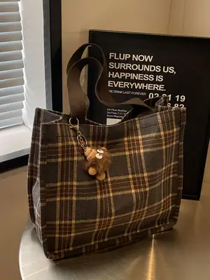 Women Plaid Canvas Tote Bag 2024 New Commuter Green Gray