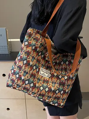 Women's Patterned Canvas Tote Bag Large Capacity Commuter Shoulder Crossbody