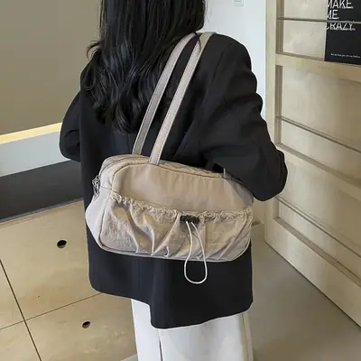 Japanese Style Drawstring Shoulder Bag Women Large Capacity Beige