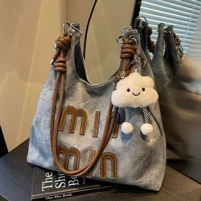 Women's Grey M-Logo Shoulder Bag with Cute Charm