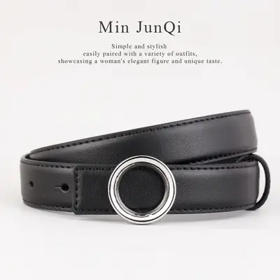Black Leather Belt with Round Buckle for Women