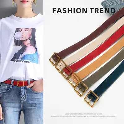 Women Retro Frosted Leather Belt with Gold Pin Buckle
