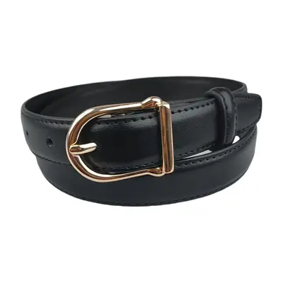 Black Leather Belt with Gold Buckle for Women