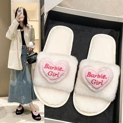 Love accessories fluffy slippers women wear 2024 autumn and winter new sweet girls home plush cotton slippers wholesale