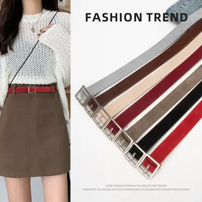 Women's Beige Frosted Velvet Belt with Square Buckle