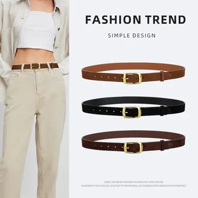 Red Women's Genuine Leather Belt with Gold Buckle