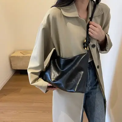 Brown Leather Drawstring Shoulder Bag for Women