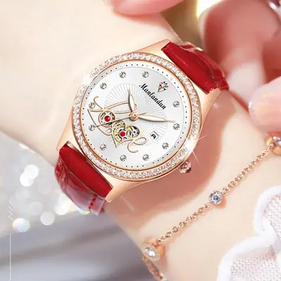 Women's Red Leather Watch with Rose Gold Dial & Rabbit Design