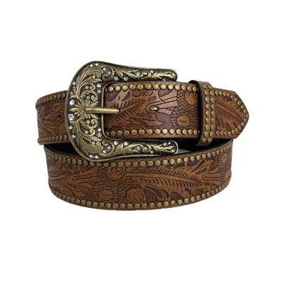 Vintage Brown Carved Belt with Buckle & Rivets