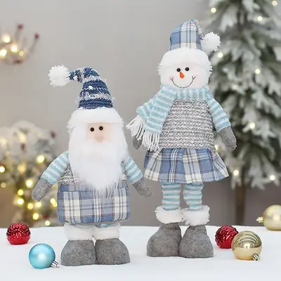 Blue Plaid Snowmen Doll Set for Christmas Decor