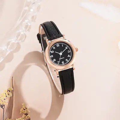 Women's Rose Gold Watch with Black Leather Band