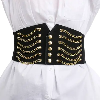 Black Elastic Waist Belt with Gold Chains & Buttons