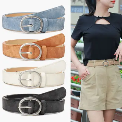 Women's Black Denim Leather Belt with Buckle