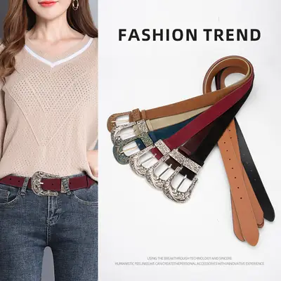 Women's Brown Leather Belt with Carved Silver Buckle
