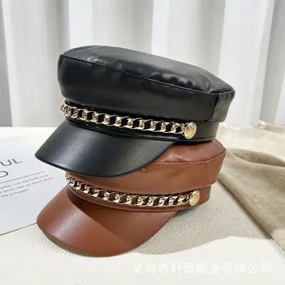 Women Navy PU Leather British Retro Cap with Chain Decor