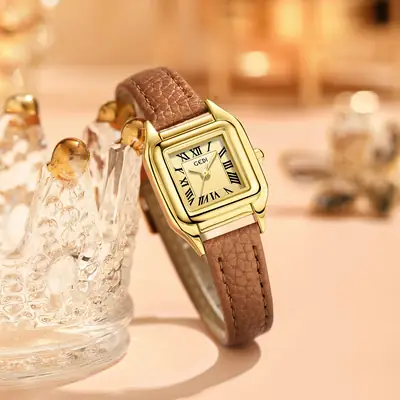 Gold Square Plate Women's Quartz Watch Brown Belt Wrist