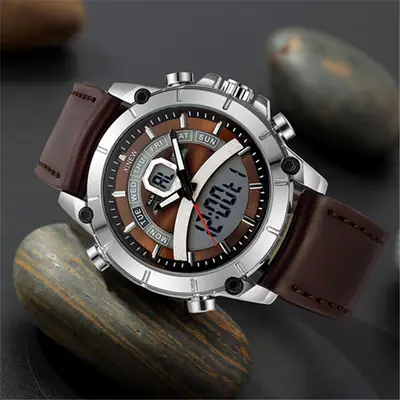 Men's Luxury Sports Watch with Leather Band & Digital Display