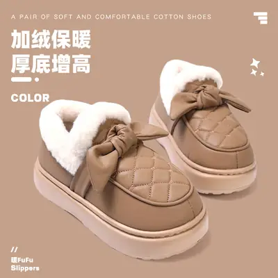 Nanbo Wan Cotton Slippers Women's Winter Bow Outer Wear fleece-lined Thickened Warm Leather Waterproof Bag Heel Cotton Shoes