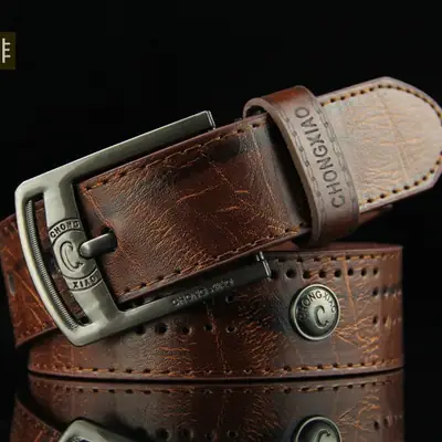 Men's Brown Leather Belt with Retro Buckle