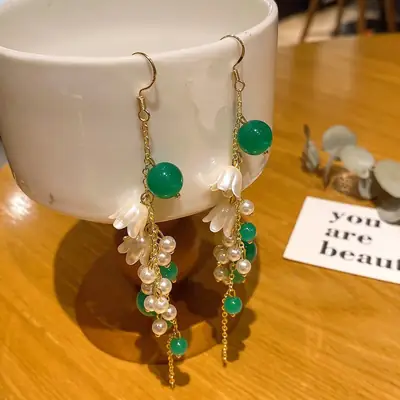 Golden Pearl Flower Tassel Earrings for Women