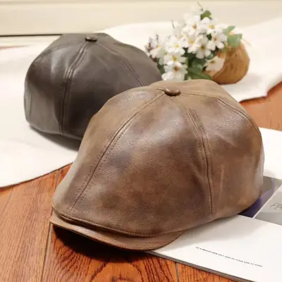 Vintage PU Leather Forward Hat for Men Women Autumn Winter Artistic Hong Kong Style Fashion Japanese Style Duck Tongue Beret