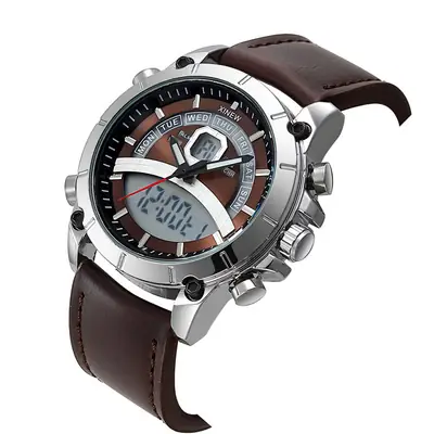 Men's Stainless Steel Analog Watch with Digital Display Brown Leather Band