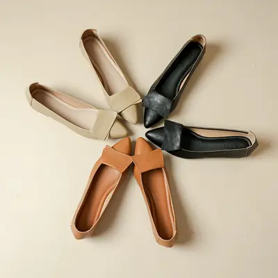 Women's Chunky Heel Flat Shoes Beige Brown