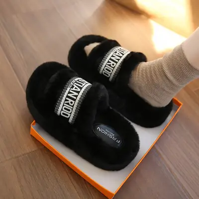 Women Furry Slippers Black Winter Cotton 2025