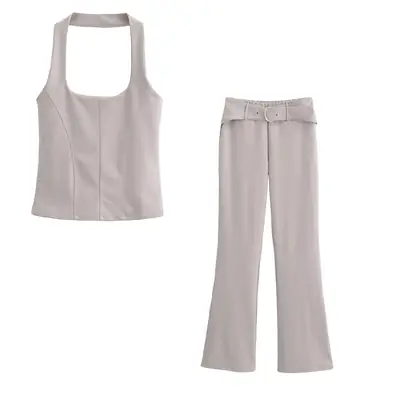 2024 Summer Women Vest Top & Trouser Set Light Grey