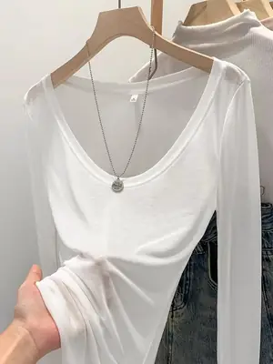 Tencel Skin-Fribottomly Thin Slightly See-Through Slim Fit Pure Lust Sexy White U-Neck Sun Protection Bottoming Blouse T-Shirt Women's Early Autumn Top
