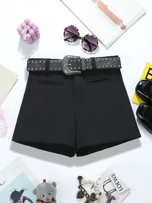 Women High Waist Elastic Shorts with Belt Belted Black