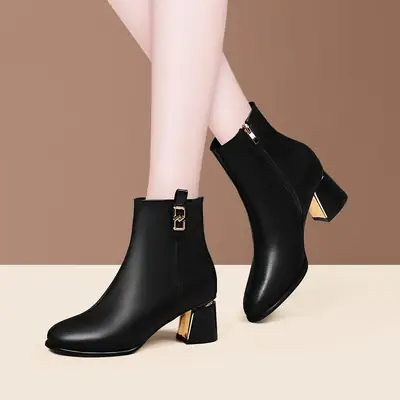 Women's White Leather Ankle Boots with High Heel Zipper Closure
