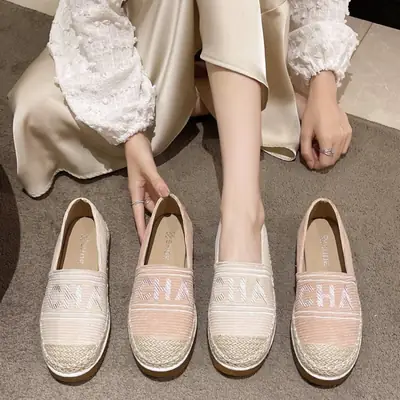 Wholesale New Style Embroidered Letter Shallow Slip-On Shoes for Women in Chanel Style, Summer Outdoor Canvas Shoes with Wedge Heel