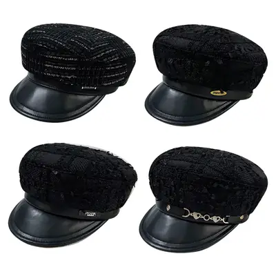 Korean Style Black Chiffon Cap Women Flat Top Casual Face Duckling Tongue Beret