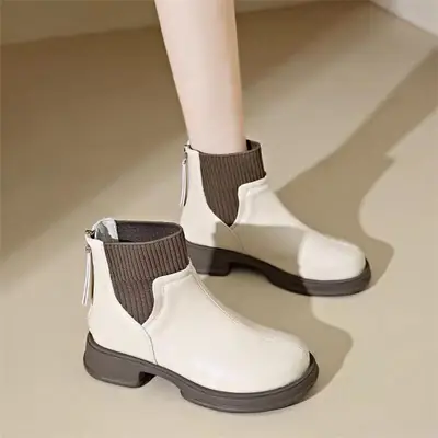 Women's White Brown Zipper Boots Winter Ankle Length