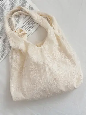 Lace Embroidered Shoulder Bag for Women Cream