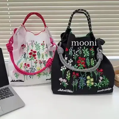 Japanese Embroidered Floral Shoulder Bag Black