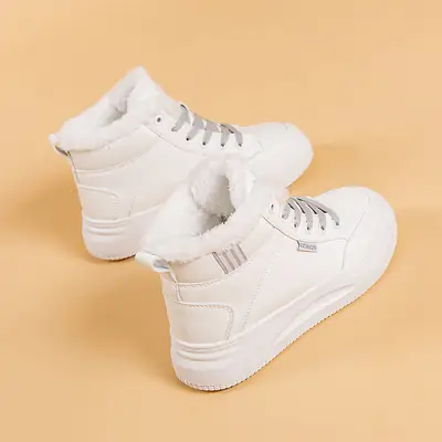 Women's White Velvet Thick High-Top Sneakers