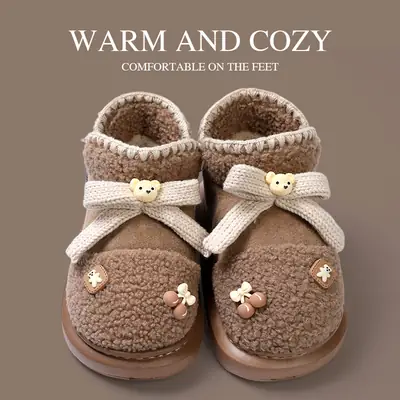 Women's Winter Cartoon Bear Bow Warm Cotton Slippers