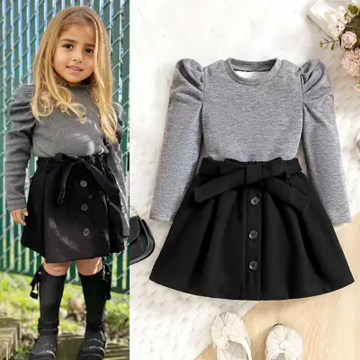 Women Gray Bubble Long Sleeve Skirt Suit Winter